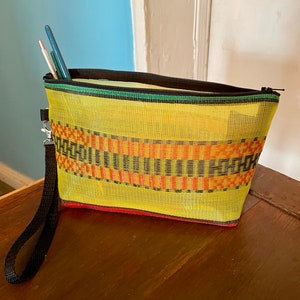 Love Shine Yellow Woven Mexican Mesh10&quot; Cosmetic Case, Make Up Bag with Wristlet Strap
