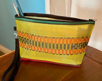 Love Shine Yellow Woven Mexican Mesh10" Cosmetic Case, Make Up Bag with Wristlet Strap