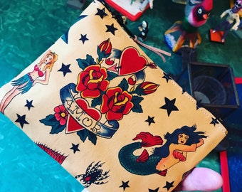 Love Shine Sailor Jerry Tattoo Print Cotton 7" Pouch, Coin Case, Make Up Cosmetics Bag