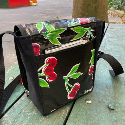 Order Black Cherry Oil Cloth and Canvas Messenger Day Bag with Cellphone Case, Crossbody Courier Bag