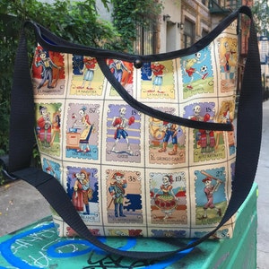 Bolsa de mercado de algodão transversal com esqueleto do Dia dos Mortos, bolsa de ombro estilo Loteria Mexicana