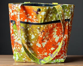 Orange green African splatter print tote bag