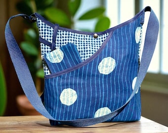 Indigo blue polka dot Shoulder Tote with wristlet