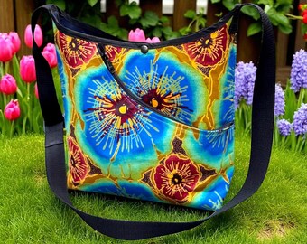 Blue gold floral African print crossbody tote bag