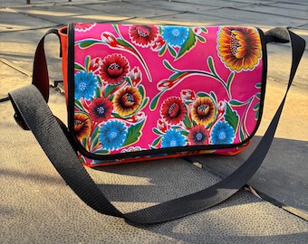 Love Shine Hot Pink Floral Oil Cloth and Canvas Courier Bag, Crossbody Messenger Bag,