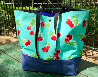 Large Turquoise Cherry Oil Cloth and Canvas Trimmed Beach Bag, Cherry Oil Cloth Tote bag