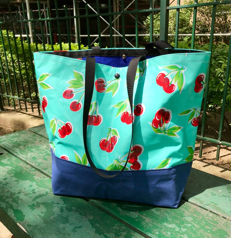Large Turquoise Cherry Oil Cloth and Canvas Trimmed Beach Bag, Cherry