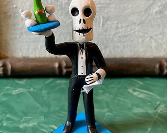 Waiter Server Day of the Dead Figurine, Dia De Los Muertos Ceramic Skeleton Miniature
