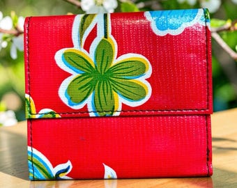 Love Shine Oil Cloth Red Trifold French Purse Wallet, Women's Floral Wallet