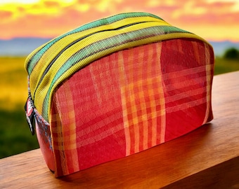Love Shine Red Plaid Patchwork Mexican Mesh Dopp kit, Travel Case, Cosmetics Toiletry Bag