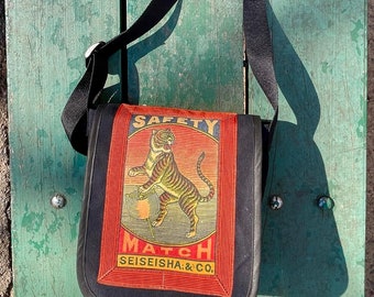 Vintage Japanese Tiger Canvas Messenger Bag, Matchbox Art Day Bag, Courier Bag