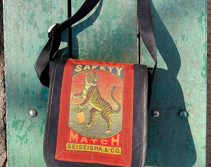 Featured listing image: Vintage Japanese Tiger Canvas Messenger Bag, Matchbox Art Day Bag, Courier Bag