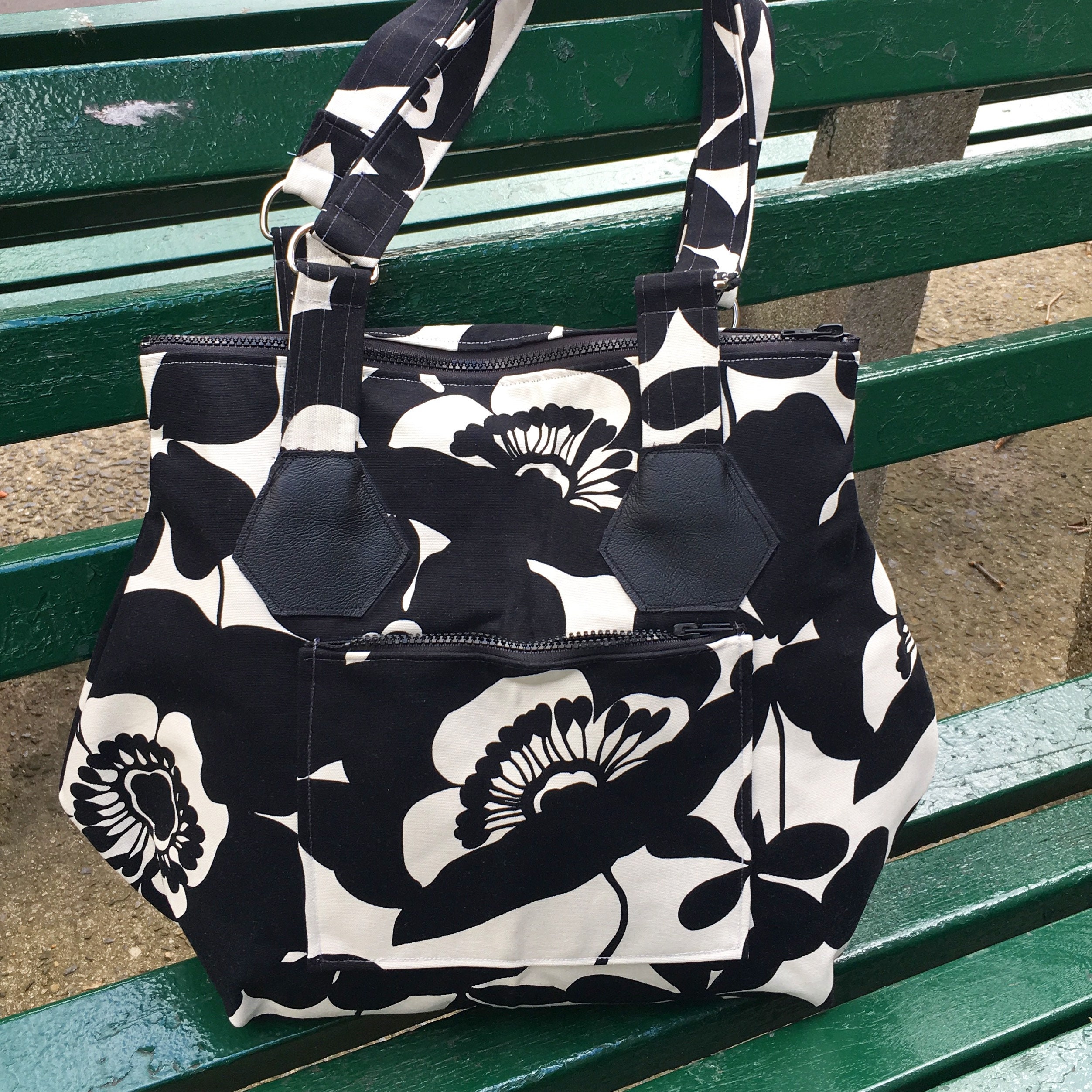 Large Black and White Floral Canvas Zipper Tote, Love Shine Hip Bag, Shoulder Bag, Cotton Print ...