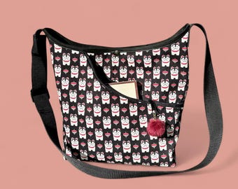 Good Luck Kitty Crossbody Market Bag, Maneki-Neko Cotton Print Shoulder Tote Bag