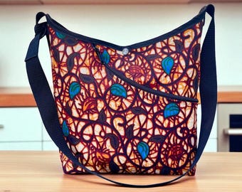 Brown blue floral African print crossbody tote bag