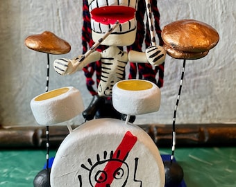 Deluxe Pasta Drummer Mexican Ceramic Day of Dead Figurine, Dia de los Muertos Mexican Folk Art