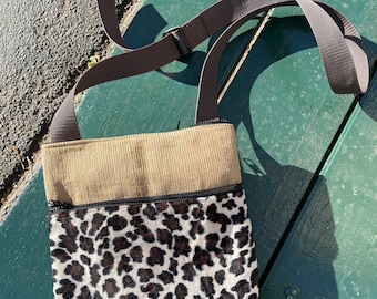 Faux Fur Leopard and Corduroy Cross body Shoulder Bag, Messenger Bag, Saddle Bag