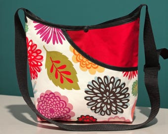 Zinnia Floral Print Cotton Canvas Market Bag, Crossbody Shoulder Bag, Hobo Bag
