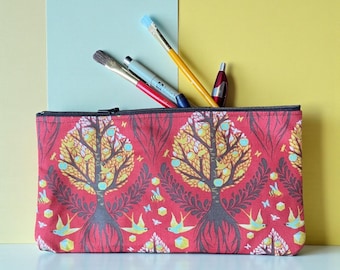 Birds Bees Trees Cotton Print Coin Purse, Cosmetic Case, Make Up Bag