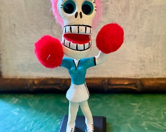 Deluxe Cheerleader Mexican Day of the Dead Figurine, Oaxacan Ceramic Folk Art
