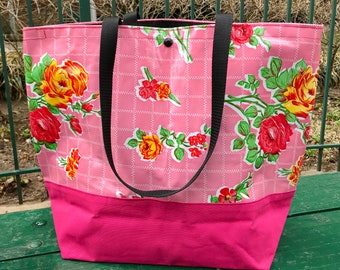 Pink Rose Floral Oil Cloth Beach Bag, Large Oil Cloth and Canvas Trimmed Tote Bag
