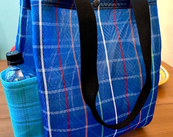 Blue Stripe Mexican Mesh Pocket Market Tote Bag, Beach Bag
