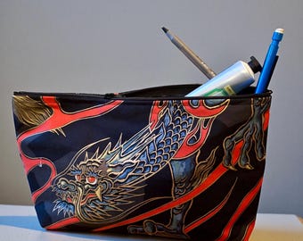 Asian Dragon Print Cotton Cosmetic Bag, Toiletry, Make Up Pouch