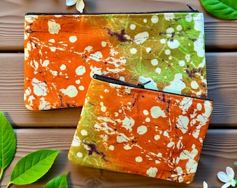 Orange Green African Print Cotton Pouch, Cosmetic Bag, Pencil Case