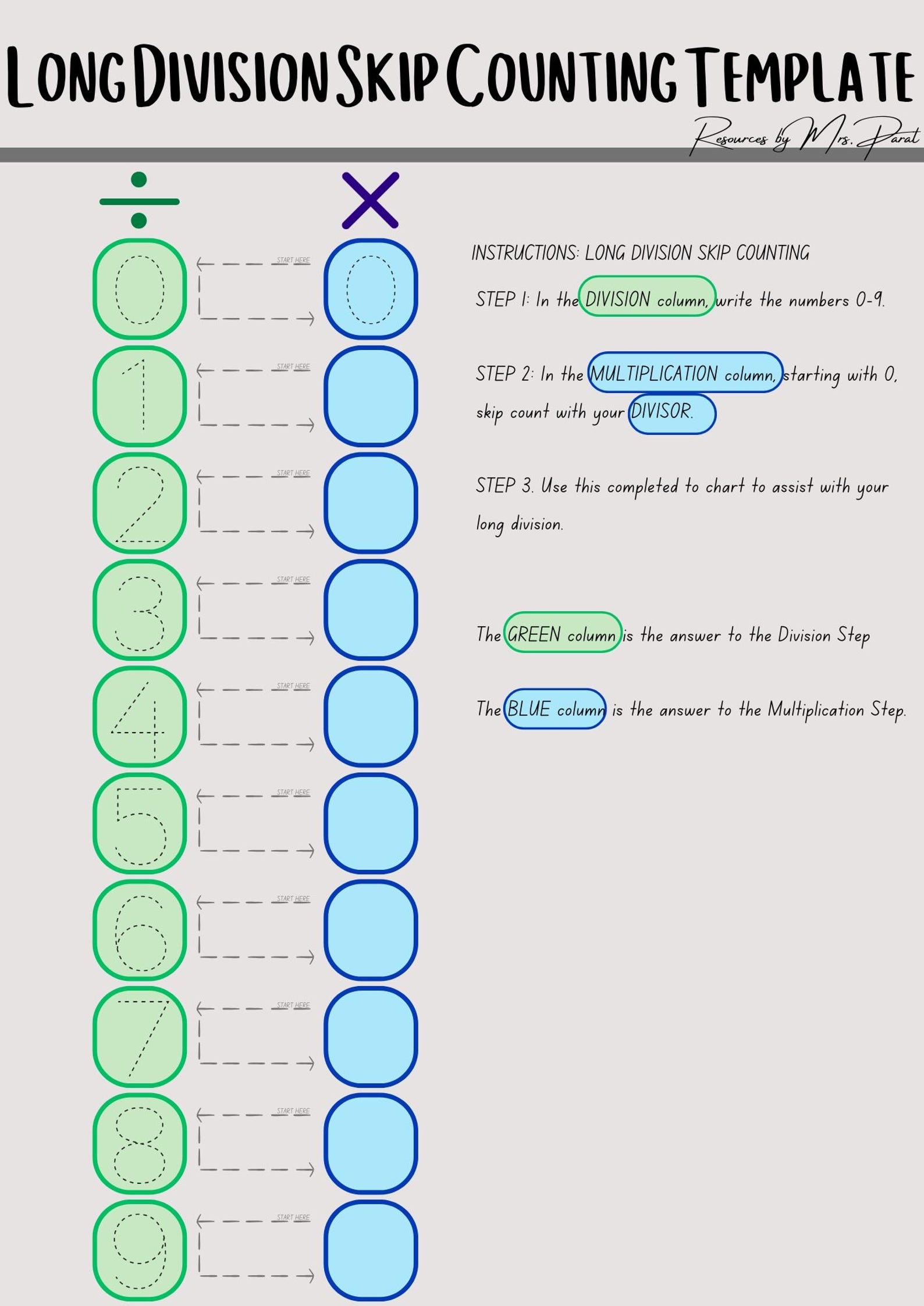 Step by Step Long Division Template and Skip Counting Help Chart - Etsy