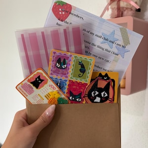 Könnte beinhalten: Ein brauner Papierumschlag mit einer Sammlung von Schreibwaren, darunter ein Brief mit Erdbeergrafik, ein Bogen mit Briefmarkenaufklebern zum Thema Katzen, eine rechteckige Karte mit der Aufschrift VOID und ein runder Aufkleber mit einer schwarzen Katze.