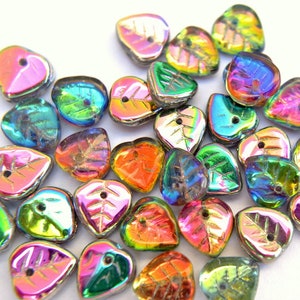 30 Czech glass beads, leaf shape,  leaves 9mmx8mm, purple, orange, assorted colors