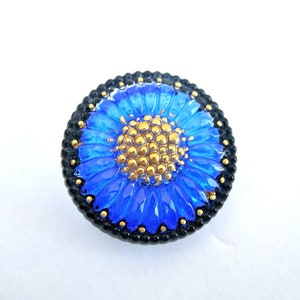 Glass button, etched flowers with trims, hand painted jewel button BOHEMIAN BUTTON 27mm, Czech handmade