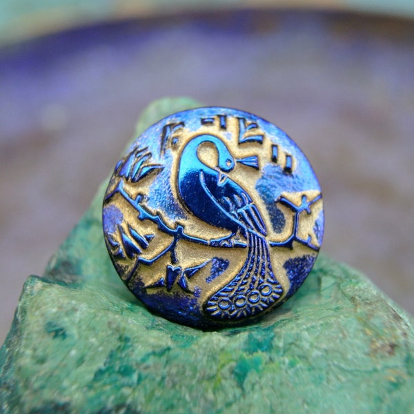 Peacock in blue color glass button hand painted jewel button BOHEMIAN BUTTON 22mm, Czech handmade