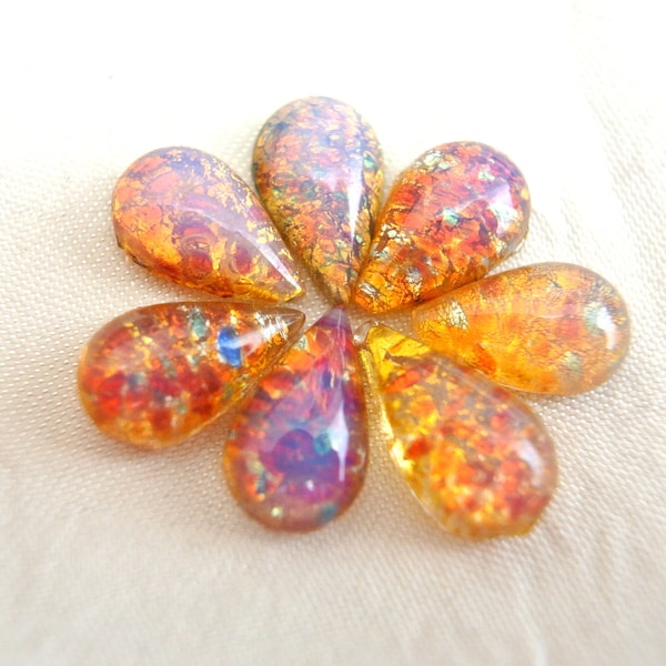 Vintage cabochon fire opal 13mmx7mm, glass foil Rhinestone , 2pcs