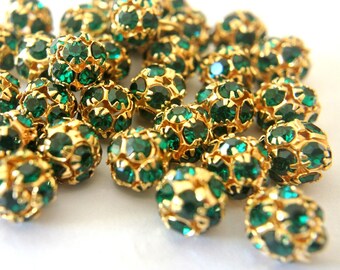 6 cuentas Swarovski vintage, cristales verdes engastados en oro, forma de bola de 10 mm, RARAS.