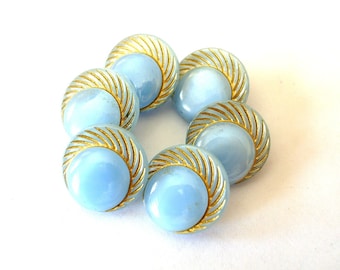 6 knoppen, antiek vintage blauw glas met goudkleurige rand, 18 mm, maangloeiende knoppen, ZELDZAAM