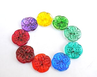 9 Vintage buttons flower shape hand painted in assorted colors  CRYSTAL czech 18mm great for button jewelry