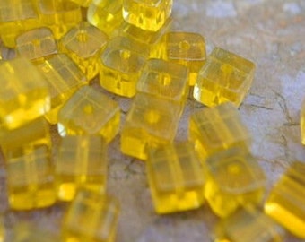 40 Czech glass beads, translucent yellow Czech beads 4mm, cube shape