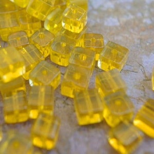 40 Czech glass beads, translucent yellow Czech beads 4mm, cube shape