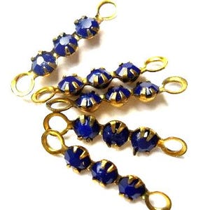 6 Vintage Swarovski crystal connector beads, 3 dark blue rhinestones in metal setting- RARE
