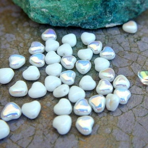 25 Glass beads heart shape white milk Czech beads, new, 6mm