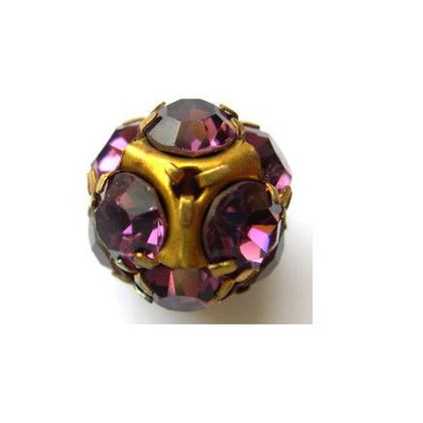 Vintage Swarovski crystal ball bead 13mm, violet rhinestones in brass setting- RARE