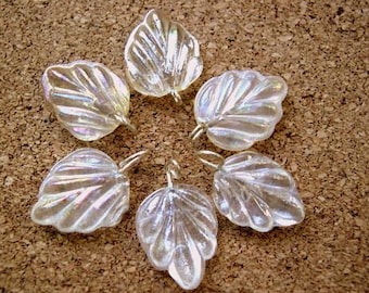 6 Vintage glass dangling beads leaf shape with self loop clear glass with glaze 15mmx12mm