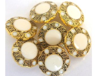 6 Vintage flower buttons gold color plastic with white pearl 15mm