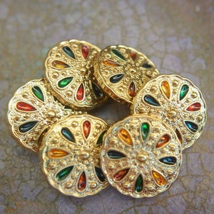 6 Vintage buttons plastic buttons gold color with assorted colors pattern-select size