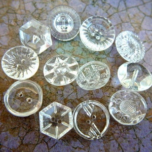 12 Vintage glass buttons, beads, transparent clear glass, assorted shapes and ornaments, image 2