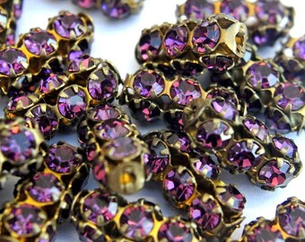 SWAROVSKI  beads, antique vintage 2 beads violet crystals embeded in metal setting 15mmx7mm