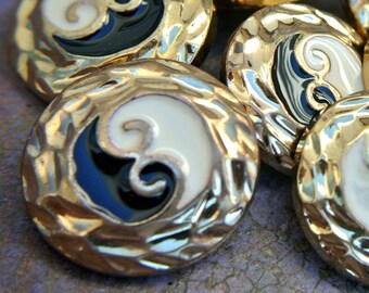 6 boutons vintage en plastique doré : design noir et blanc