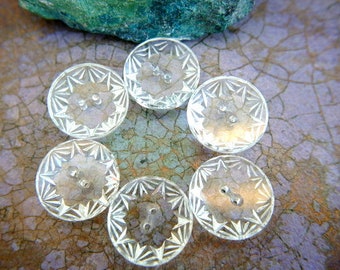 6 Vintage antique buttons crystal clear glass Czech with carved ornament ornament,18mm