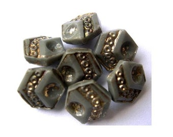 10 Buttons, antique, vintage, smoke grey glass with gold color trim, hexagon shape 8mm